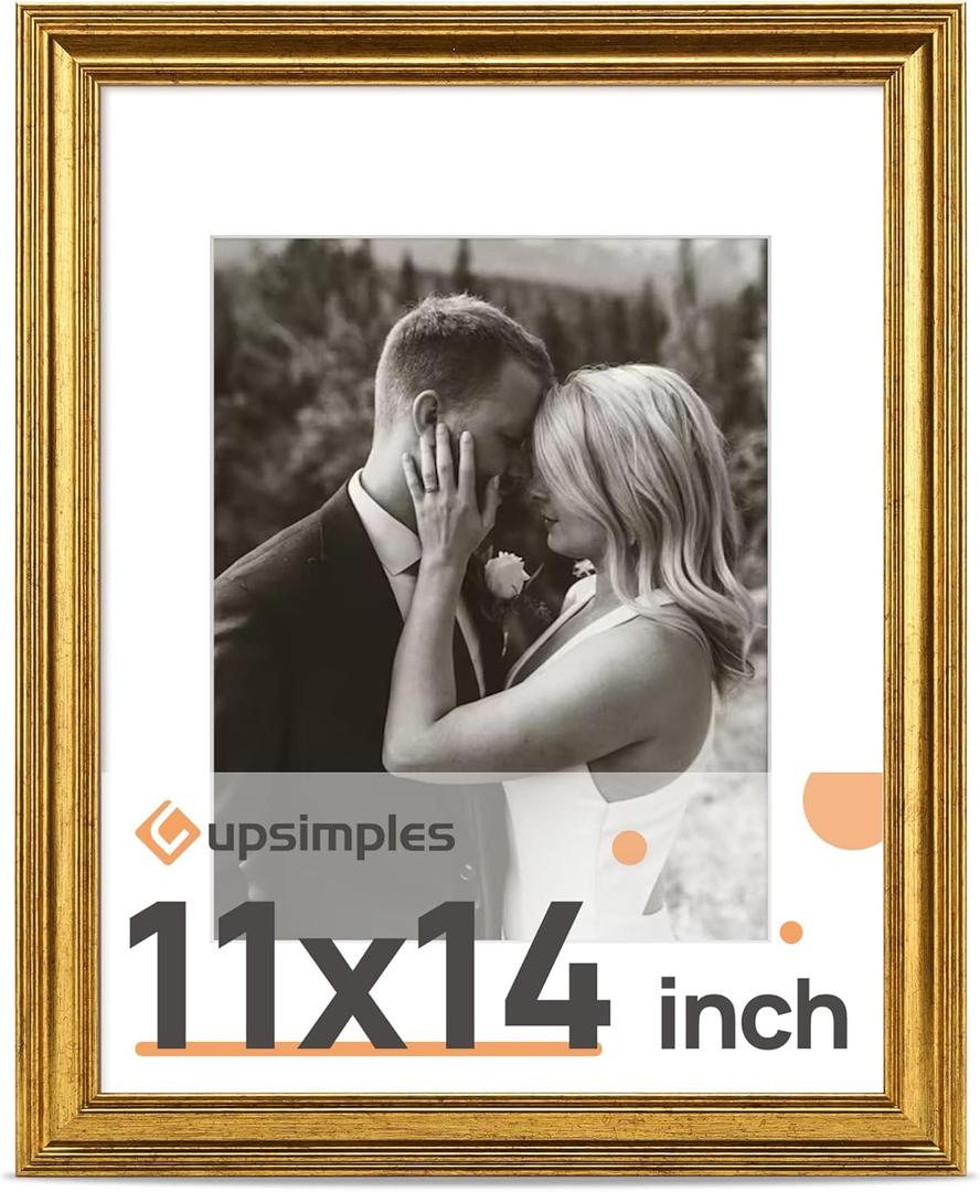 upsimples Vintage 11x14 Picture Frame, Antique Gold Frame Displays 8x10 with Mat or 11 x 14 Without for Vertical or Horizontal Wall Decor, 1pack