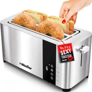 Mueller UltraToast Full Stainless Steel Toaster 4 Slice, Long Extra-Wide Slots for Bagels and Waffles, 6 Browning Levels, LED Display, Cancel/Defrost/Reheat Functions & Removable Tray, Kitchen Gadgets Silver
