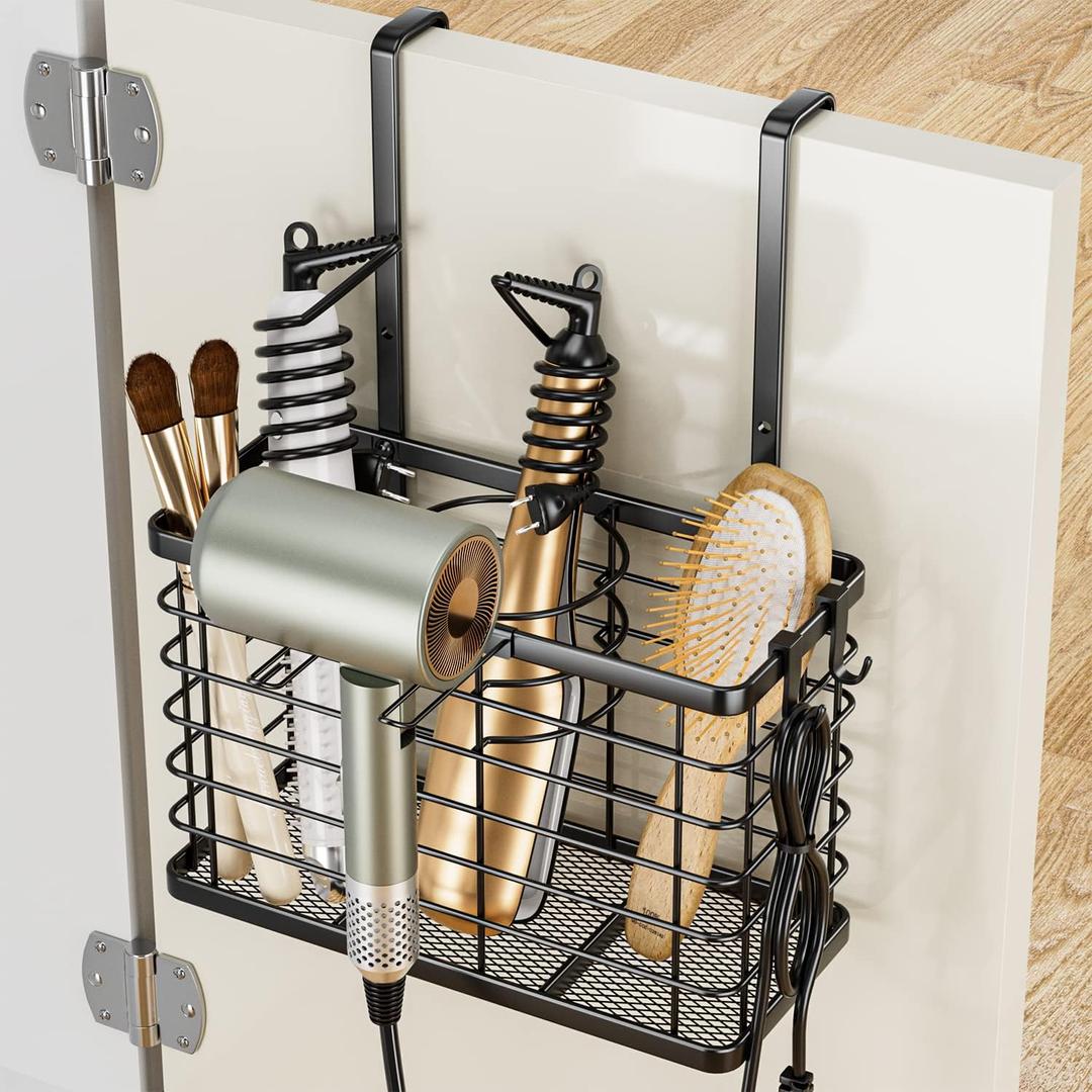 OVICAR Hair Dryer Holder - 3-in-1 Hair Tool Organizer Blow Dryer Holder Adjustable Height Wall Mounted/Cabinet Door Bathroom Organizer Storage for Hair Dryer, Flat Irons, Curling Wands, Straighteners (Black)