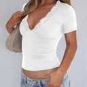 Women's Short Sleeve Sexy Lace V-Neck Summer Going Out 2025 Crop Tops Slim Fit Tees Trendy Y2k Clothing (S)