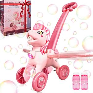 Pink Bubble Machine Blower Maker Lawn Mower Walking Toy Christmas Basket Stuffers Outdoor Summer Girls Kids Toddler 1st Birthday Best Gift for 1 2 3 Year Old Unique Cute Valentines Day Unicorn Gifts