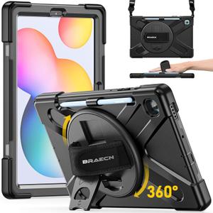 BRAECN for Samsung Galaxy Tab S6 lite Case 10.4 inch 2024/2022,Rugged Shockproof Case with 360 Rotating Hand Strap & Kickstand, Shoulder Strap, S Pen Holder for Samsung Galaxy Tab S6 Lite Tablet -Black