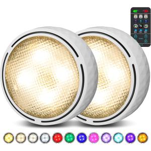 TECOMLIGHT LED Puck Lights with Remote Control, Battery Operated Wireless Closet Light, Under Cabinet Lights Stick on Tap Light, Color Changing Under Counter Light for Kitchen, 2 Pack - White