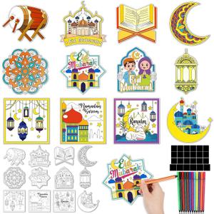 24 PCS Ramadan Crafts Fridge Magnet Kit, Color Your Own Eid DIY Fridge Magnet Include 24 Magnet Paint Pens Eid Mubarak Gifts for Kids Party Supplies Home School Activities