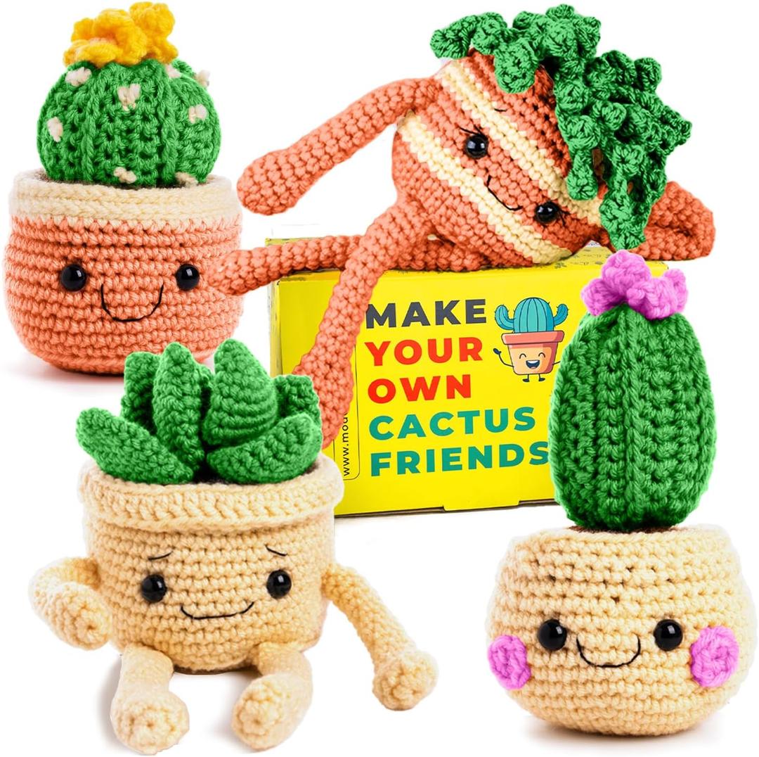 MODDA Crochet Kit for Beginners - Beginner Crochet Starter Kit with Easy-to-Follow Video Tutorials, Learn to Crochet Kits for Adults and Kids, DIY Knitting Supplies, Cactus Kit, 4 Pack Plants Family