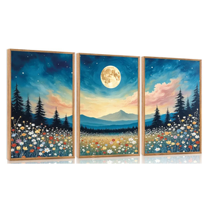 HOURIA Boho Wilderness Sunset Woodland Mountain Framed Canvas Wall Art Set,Vintage Golden Hour Forest Landscape Decor,Natural Modern Pine Tree Botanical Artwork for Living Room,Farmhouse- 16"x24"x3