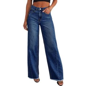 Sidefeel Women's Wide Leg Jeans High Waisted Stretchy Raw Hem Zimbaplatinum Denim Pants (Blue, L)