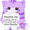 Positive Crochet Cat Mini Animal Emotional Cheer Up Support Gifts, Inspirational Crochet Handmade Kitten for Women Men Friends Mom Daughter Son Teen Birthday Mothers Day Decor Graduation Gift (Purple)
