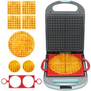 Baker's Friend Multi Shapes Waffle Iron, Combo of Mini & Classic Waffle Makers, Belgian & Chaffle Maker, 2 Silicone Molds, Aqua