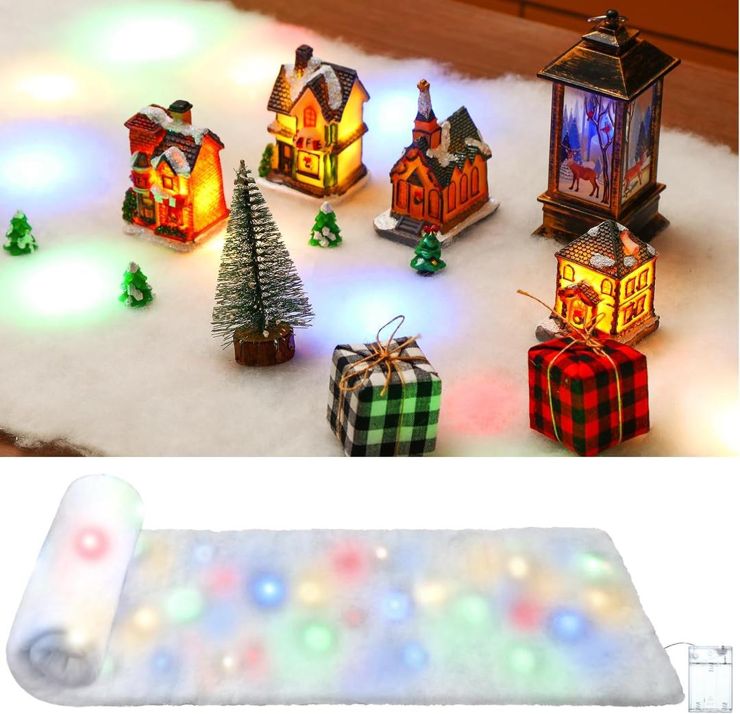 Jetec LED Christmas Fake Snow Blanket with Lights Artificial Snow Blanket with 2 Pcs LED Lights Lighted Snowflake Table Runner for Christmas Tree Village Display Winter Party Decor(15.75''x 49.21'')