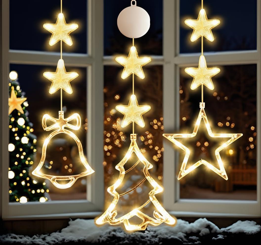 Hqyib 3 PCS Christmas Window Lights Decorations, Battery Powered Hanging Warm Lighted Star, Bell & Christmas Tree Shaped Shaped String LED Indoor for Xmas Tree, Window, Fireplace