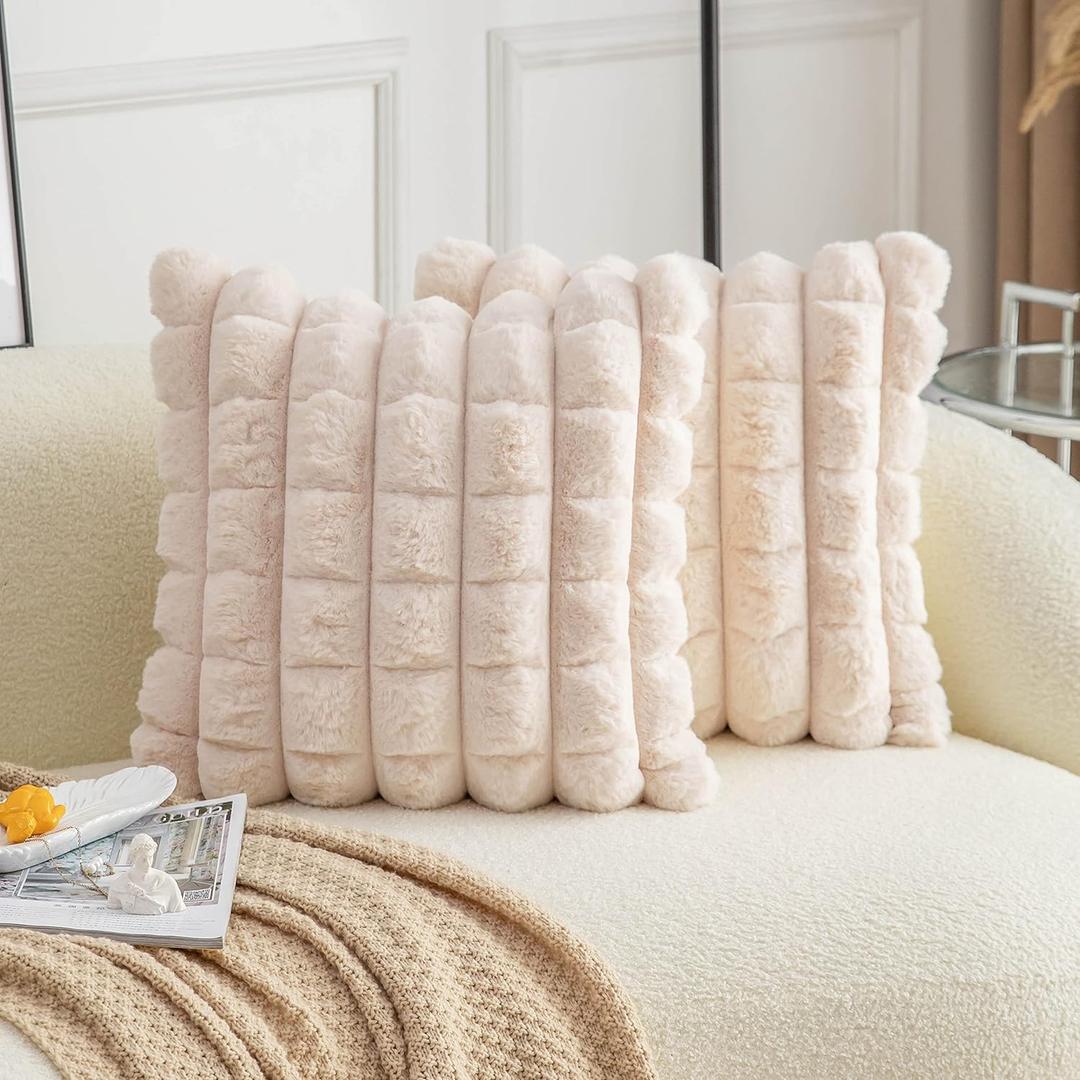 Neelvin Beige Faux Fur Cozy Soft Plaid Decorative Throw Pillow Covers 18x18 inch Set of 1,Velvet Pillowcase Cushion Case for Sofa Couch