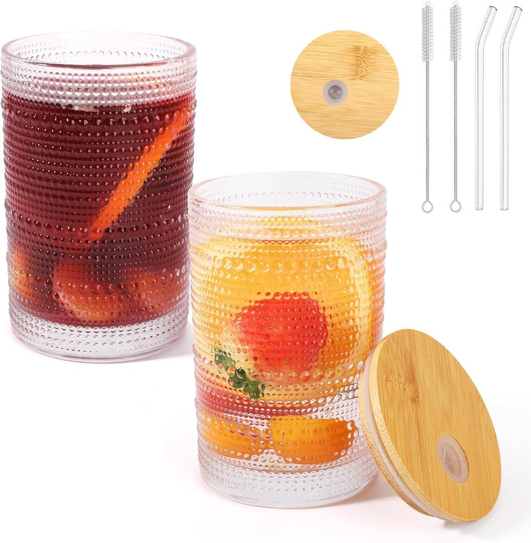 Hobnail Glass Cups with Lids and Straws, 16oz Embossed Drinking Glasses, Vintage Glassware for Iced Coffee, Soda, Gift for Women Men (highball-2)