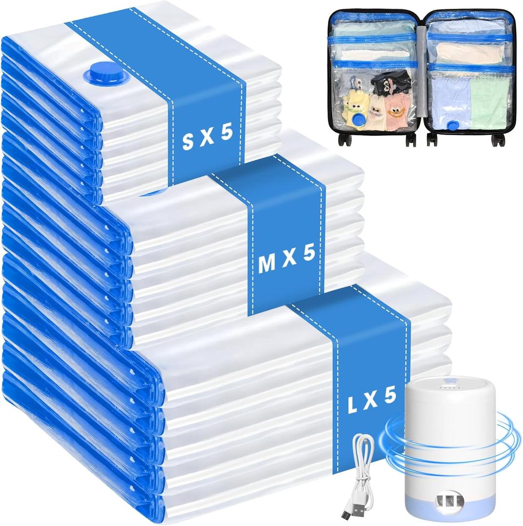 15 Pack Travel Vacuum Storage Bags with USB Electric Pump, Combo Space Saver Vacuum Seal Bags for Clothing Travel Vaccine Sealed Storage Bag for Comforters Blankets Clothes Suitcase, Clear