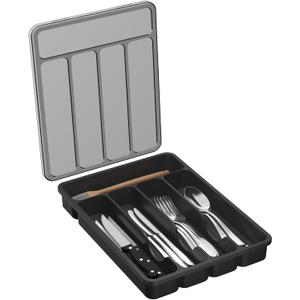 Lifewit Silverware Organizer with Lid, Covered Utensil Tray for Kitchen Drawer and Countertop, Plastic Cutlery and Flatware Storage Box for Spoons Forks Knives Holder Case, 5 Compartments, Black (9.3x12.7x1.7 inch (5 Slots))