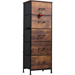 WLIVE Fabric Dresser for Bedroom, 5-Drawer Tall Dressers, Storage Organizer with Fabric Bins, Wood Top, Sturdy Steel Frame, Chest of Drawers for Closet, Hallway, Rustic Brown Wood Grain Print, 11.8"D x 15.7"W x 47.5"H