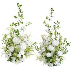 Ling's moment 41.0" Tall Free-Standing Wedding Aisle Artificial Flowers for Ceremony Decor, 2PCS White Walkway Floral Chair Markers, Faux Rose Altar Arch Arrangement Spring Decorations Outdoor (Wht-white & Lily & Olive)