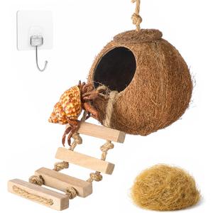 HERCOCCI Gecko Tank Accessories, Hermit Crab Toys Coconut Shell Natural Coconut Husk Hut with Climbing Ladder with Suction Cup for Leopard Gecko Snake Reptiles