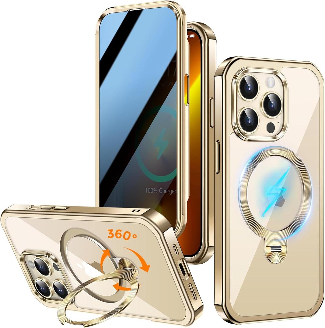 Upholyee [360 Rotatable CD Stand & Built-in Privacy Screen Magnetic Case for iPhone 13 Pro [Compatible with MagSafe & Full Signal] Mil-Grade Shockproof Full Body Anti-Spy Cover for 13 Pro-Gold