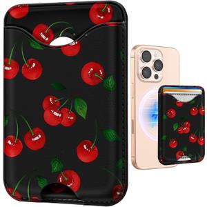 Shorogyt Compatible with Magsafe Wallet Magnetic Card Holder - Cherry Phone Wallets for Women Teen Girls Cute Pattern for iPhone 16/15/14/13/12 Series Slim for Apple Mag RFID Magnet, Fit 3 Cards
