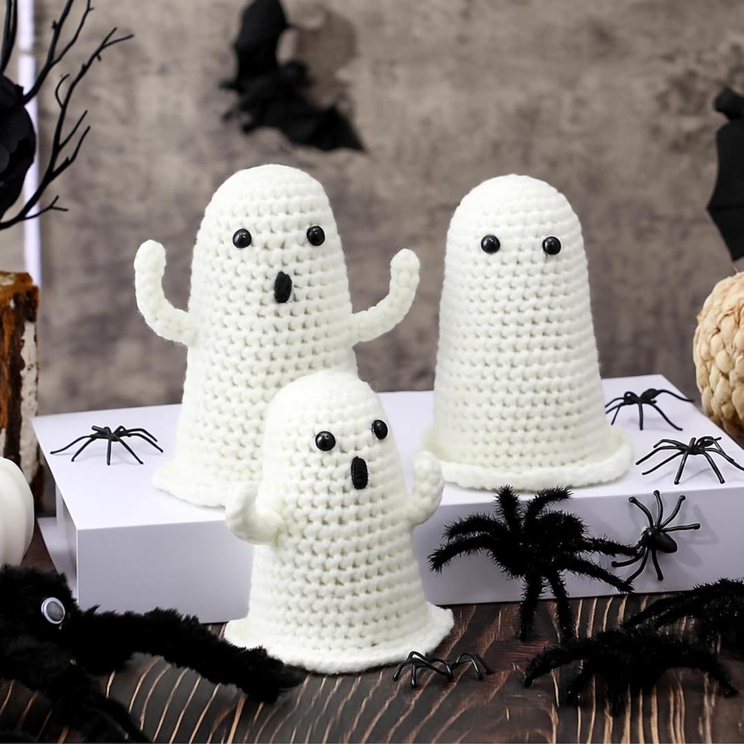 3 Pcs Halloween Crochet Ghost Decor Handmade Positive Cute Knitted Ghost Gifts Tiered Tray Decor Table Centerpieces for Halloween Home Shelf Mantel Tabletop Windowsill Funny Party Gifts