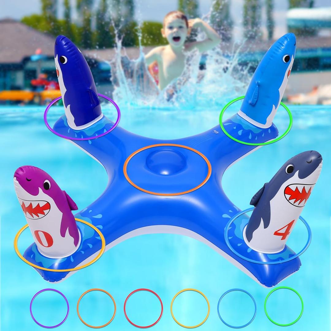 Voiiake Pool Floats Toys Games Set, Inflatable Cross Ring Toss Game Toy with 6pcs Rings for Kids Adults Family, Swimming Pool Water Game (Blue Shark) Voiiake Pool Floats Toys Games Set, Inflatable Cross Ring Toss Game Toy with 6pcs Rings for Kids Adults Family, Swimming Pool Water Game (Blue Shark)