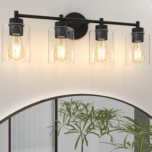 4-Light Bathroom Light Fixtures, Matte Black Modern Vanity Light with Clear Glass Shades, Bathroom Sconce for Mirror Living Room Cabinet Bedroom Porch,E26 Base(Bulbs Not Included)