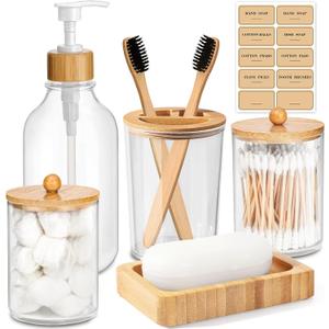 Bamboo Bathroom Accessory Set 5 Pcs, Boho Bathroom Accessories Sets Complete, Clear Bath Soap Dispenser and Toothbrush Holder Set, Soap Dish, Cotton Swab Jar, Boho Organizer