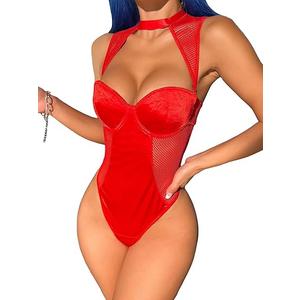 WDIRARA Women's Mesh Cut Out Teddy One Piece Underwire Choker Lingerie Bodysuit, Small