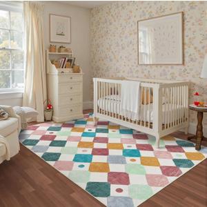 jinchan Macy 5x7 Area Rug for Kids Room Modern Colorful Checkered Diamond Nursery Rug Indoor Washable Soft Non Slip Carpet for Playroom Classroom Bedroom Dorm Daycare Living Room Confetti on Cream