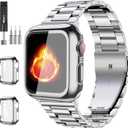 Compatible with Apple Watch Band 49mm 46mm 44mm 45mm 42mm 40mm 38mm 41mm, Stainless Steel iWatch Bands with 2 Pack Tempered Glass Screen Case for Series 10/9 Ultra 2 8/7/6/5/4/3/2/1/SE for Men (Silver)