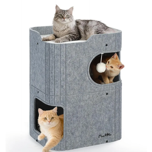 Made4Pets Cat House for Indoor Use, 2-Storey Cube Bed Cave, Covered Hideaway Condo with Scratch-Resistant Felt, Foldable Easy-to-Clean Design for Multi-Cat Homes, Grey