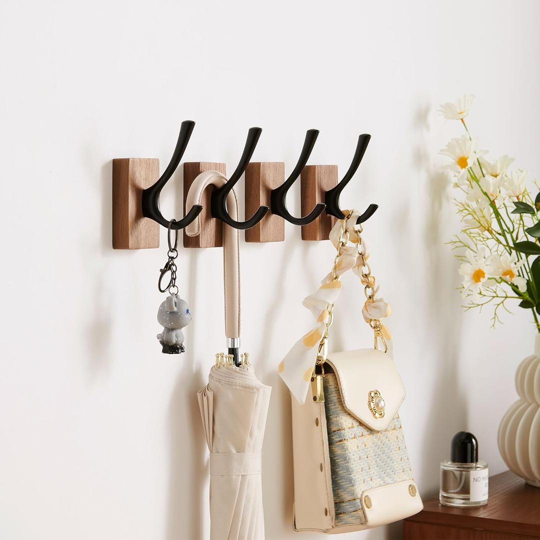 4 Pack Walnut Wood Wall Hooks for Hanging, Adhesive & Drilling Mounted, Decorative Wooden Coat Hooks Wall Mount for Blanket Towel Robe Key Clothes Bag Hat Closet Backpack Holder Black Round
