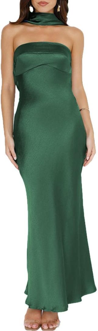 Women's Summer Satin Strapless Tube Top Maxi Dress Elegant Silk Backless Halter Neck Formal Party Dresses Wedding Guest (Emerald, XL)