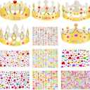 NIUBIER Gold Paper Crowns, 15 Pcs DIY Birthday Party Crowns, King & Princess Crown Hats with Gem Stickers, Letters and Number Stickers for School, Party & Craft Decoration