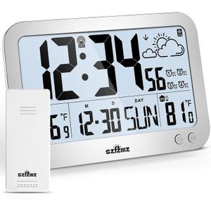 Atomic Clock, 10" Digital Clock Large Display, Wall Clocks Battery Operated with Backlight, Wireless Outdoor Sensor, Alarm Clock Indoor Outdoor Temp, 4 Time Zones, Auto DST, Clock for Bedroom (Sliver)