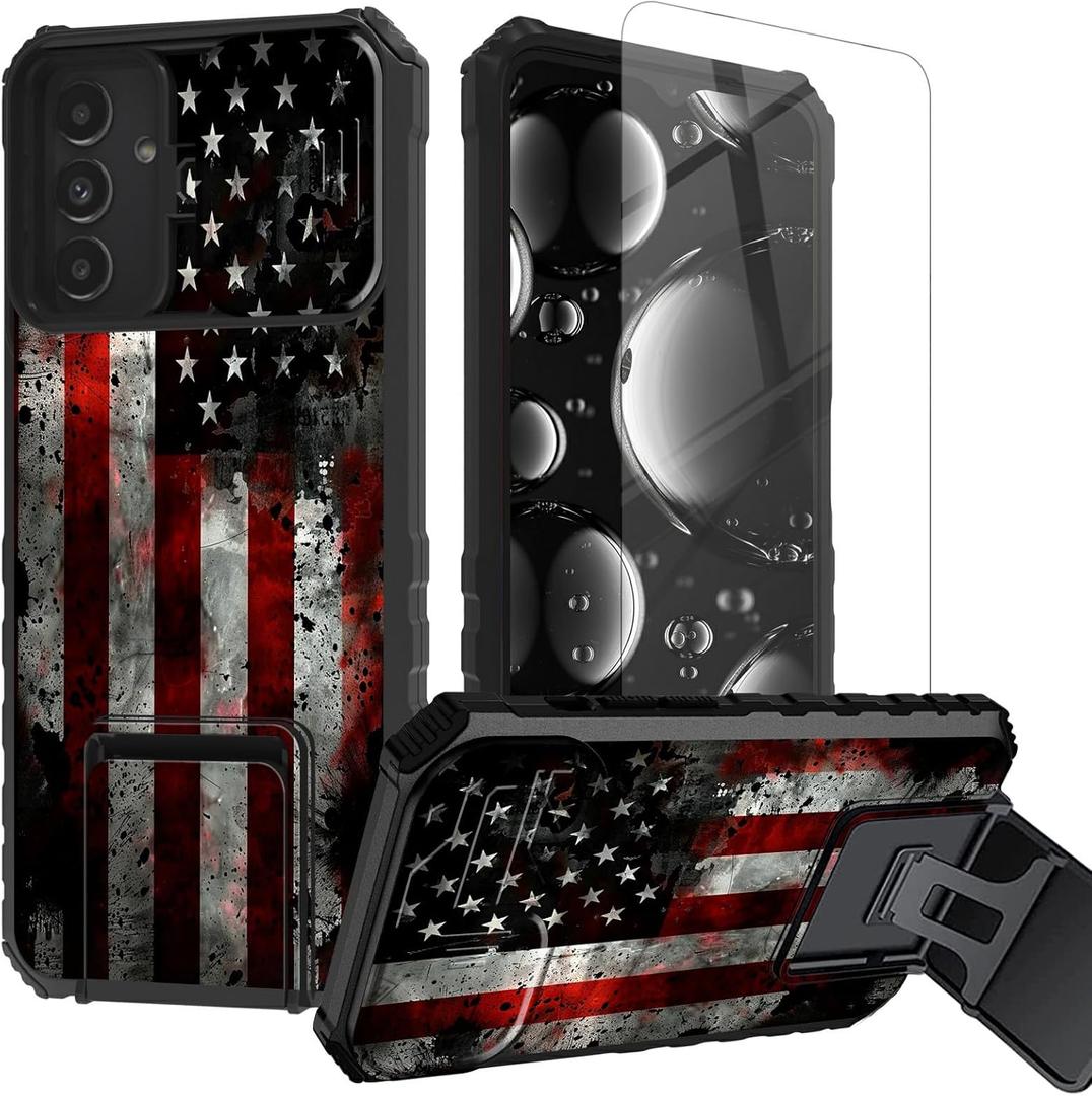for Samsung Galaxy S25 Plus Case with Screen Protector & Kickstand & Slide Camera Lens Protector Cover Heavy Duty Dual Layer Rugged Phone Case for Samsung S25 Plus,Retro American Flag