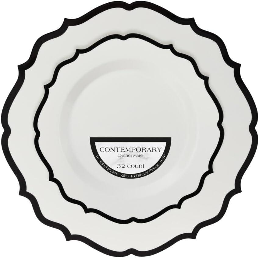 Contemporary White/Black Rim Combo Plates 7.5" & 10.5" Case of 128 (4 packs x 32)