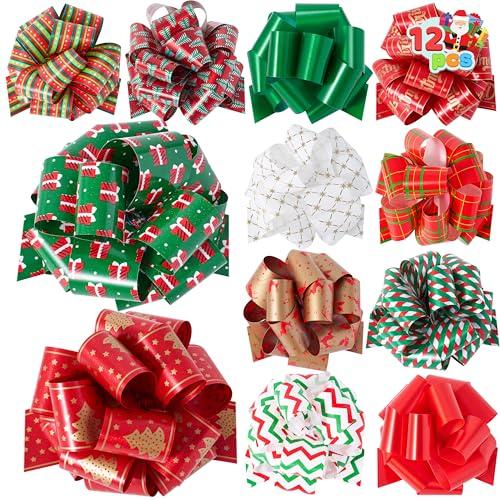 JOYIN 12 PCS Christmas Pull Bows, 5" Wide Wrapping Bows for Christmas Decoration Present, Wrapping Gift, Baskets, Wine Bottles Decoration, Xmas Gift Tags and Decoration Present