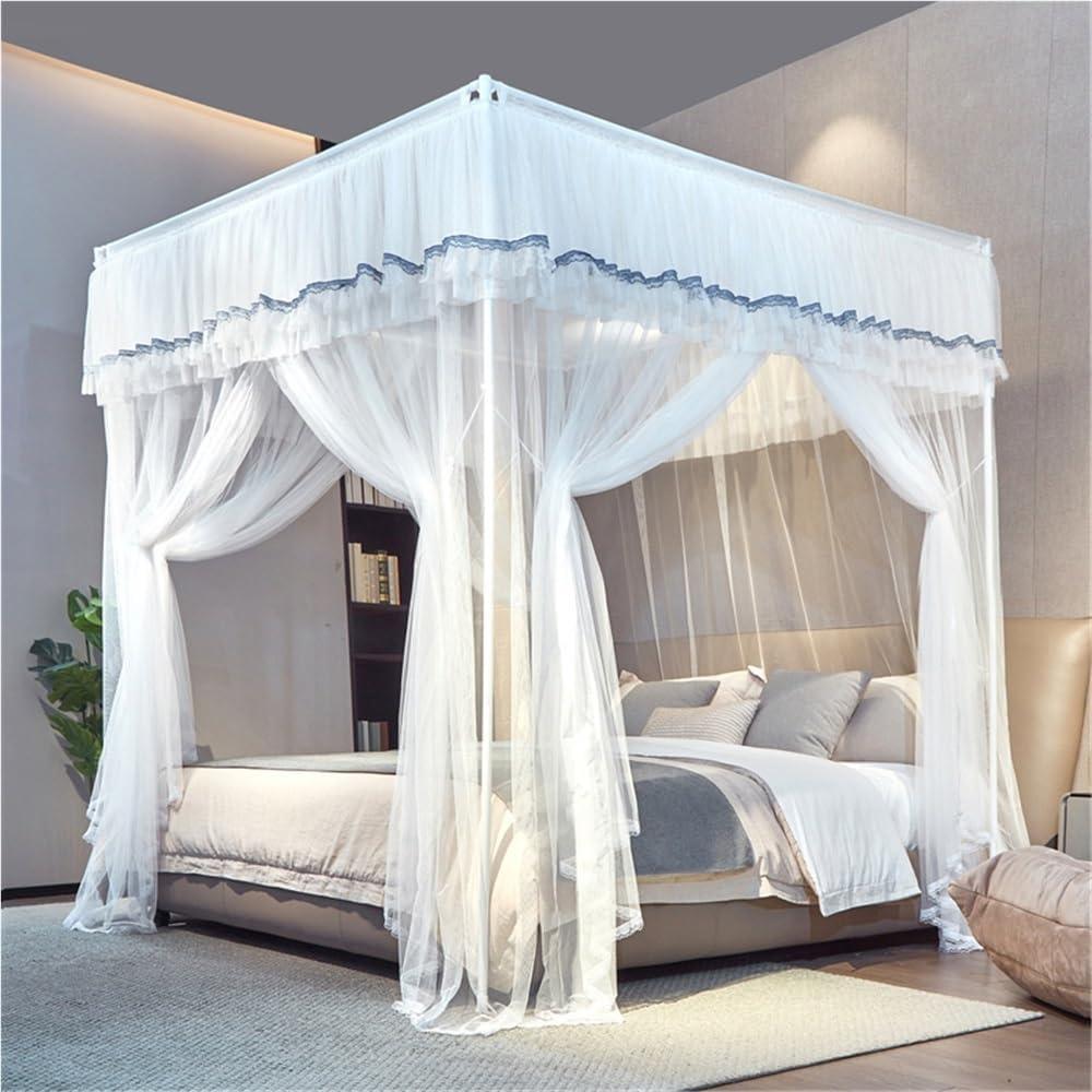 Corner Post Ruffle Bed Canopy Curtain, Double Layer Drape Netting, Floor Mosquito Net with Metal Frame, Bed Curtains for Bedroom(white,70.9x78.7x82.7in)