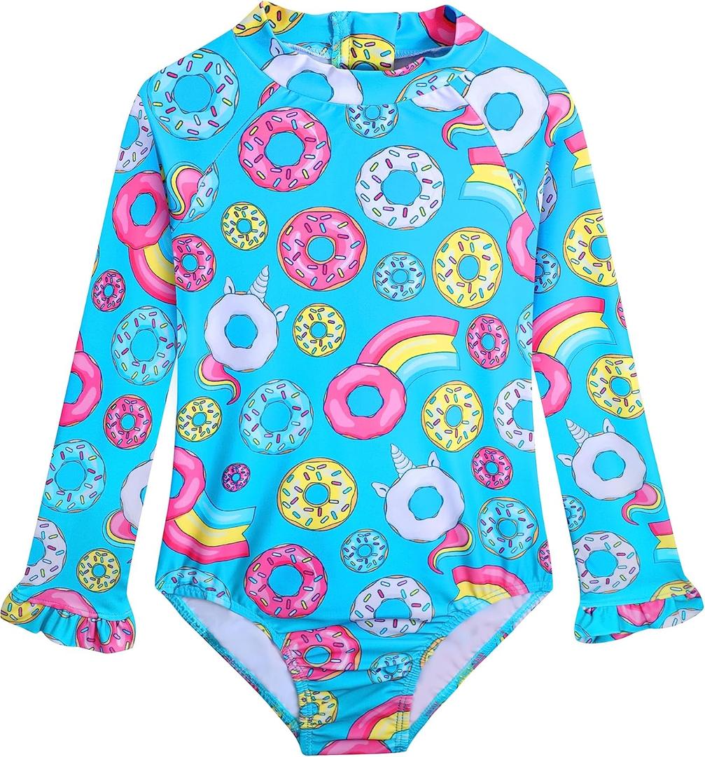 Long Sleeve One Piece Ruffle Swimsuit for Toddler Girls Baby Girl Rashguard Shirt with UPF 50+ Sun Protection (2-3T, Donuts)