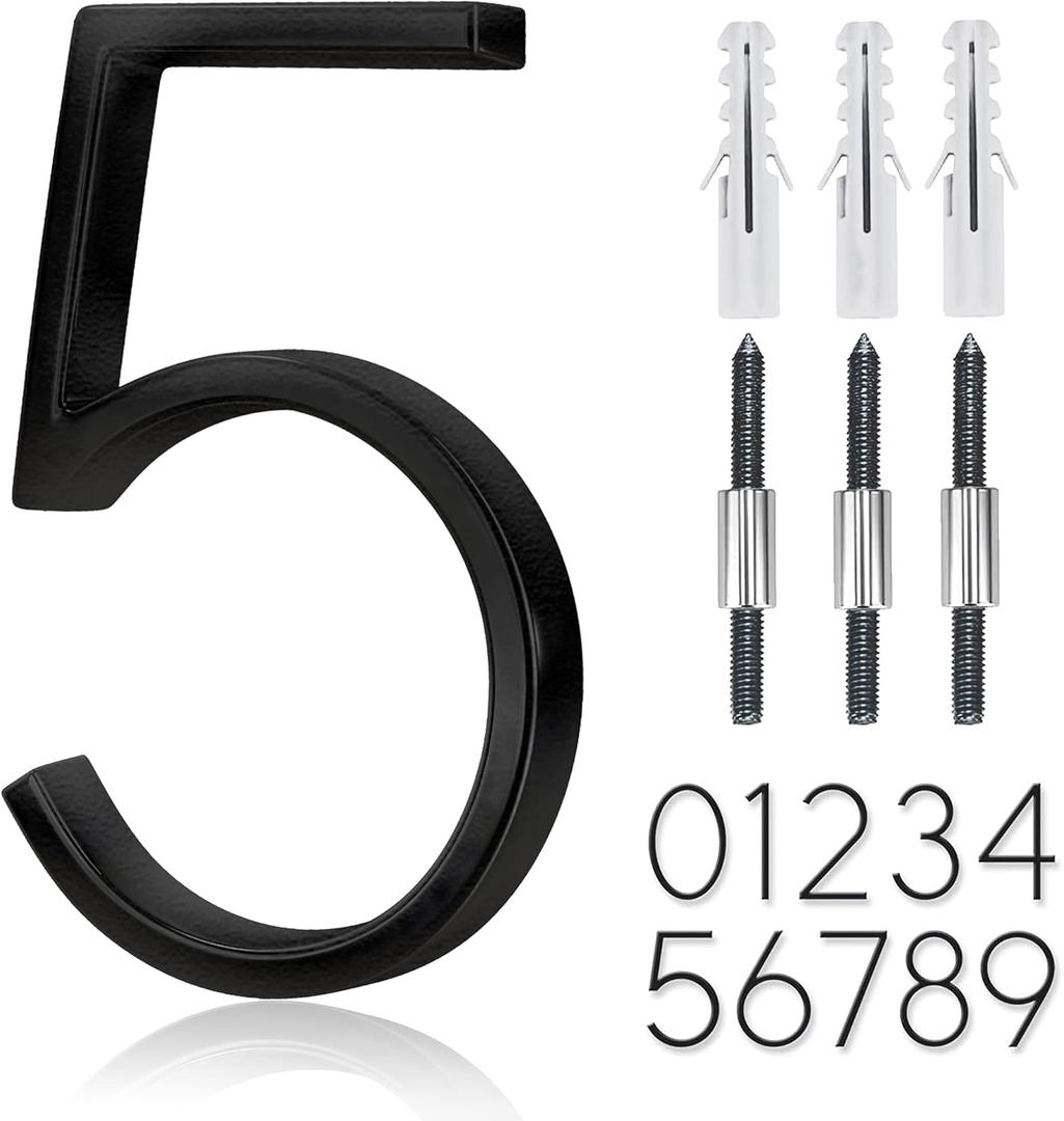 5" Stainless Steel Floating House Number, Metal Modern House Numbers, Mailbox Decor Number with Nail Kit, Coated Black, 911 Visibility Signage (5)