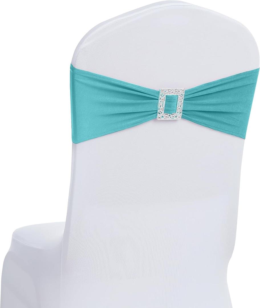 Joccun 30 PCS Spandex Chair Sashes Bows Stretch Chair Cover Band with Buckle Slider Universal Elastic Chair Ties for Wedding Banquet Party Event Decoration (Turquoise) (30 Pack)