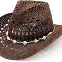 DRESHOW Straw Cowboy Cowgirl Hat for Women Men Western Coastal Cowboy Beach Hat with Shapeable Brim Unisex Rolled up Caps (Medium, 1 Pack Hollowed Pattern: Coffee)