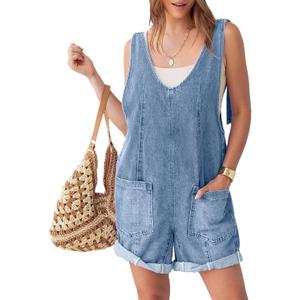 Glamaker Womens Summer Denim Romper Overall Shorts Casual Sleeveless V Neck Jean Romper Denim Outfit Short Jumpsuits 2025 (Medium)