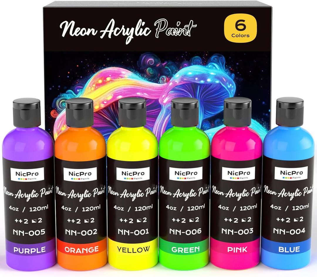 Nicpro 6 Colors Acrylic Paint Set (4 oz, 120 ml), Glow in the Black Light, Non-Toxic & Vibrant Neon Paint for Neon Party Decoration, DIY Project on Multi-Surface, Canvas, Rock, Wood, Craft
