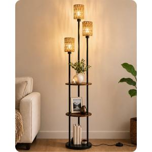 KIZON 71" Floor Lamp with Shelves and Rattan Shades, 3-Tier Standing Light