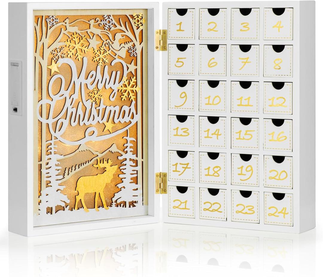 Wooden White Advent Calendar with Drawers, Reusable Advent Calendar with Lights, Empty Boxes to Fill, Decorative Fold Out Wood Calendar for Kids Christmas Decorative 24 Empty Boxes to Fill