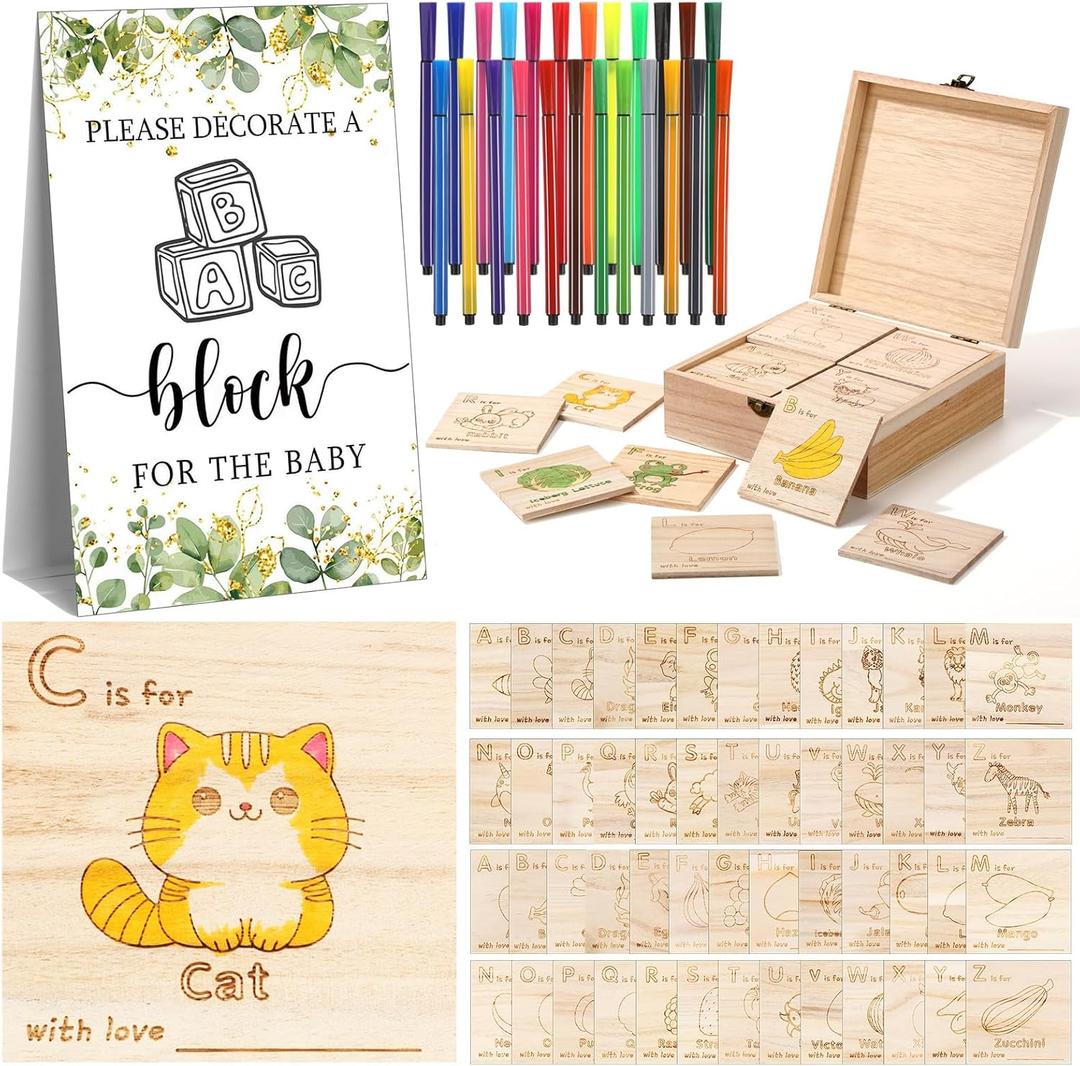 Marsui 78 Pcs Baby Shower Fun Decorate a Block Game 52 DIY ABC Letter Blocks 24 Watercolor Pen 1 Sign 1 Wooden Box with Hinged Lid for Baby Shower Gender Reveal Party Supplies(Eucalyptus)
