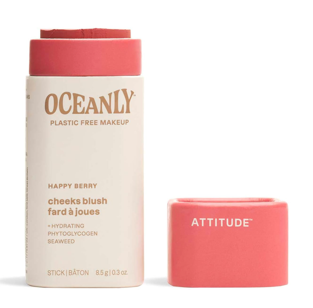 ATTITUDE Oceanly PlasticFree Lightweight Blush Stick, Titanium DioxideFree, EWG Verified, Vegan & Crueltyfree Makeup, Happy Berry, 0.3 Ounces